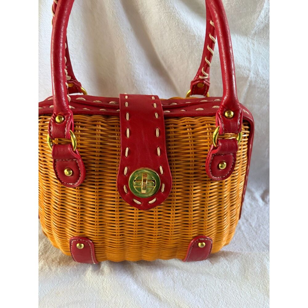 Wicker Purse w/ Red Leather Accents MCM Golden Girls 90's Y2K Grandma Old Money - Picture 2 of 13